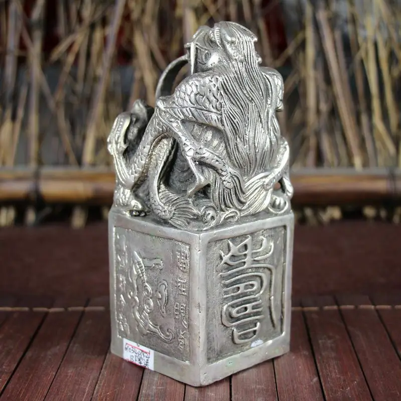 China Old Feng Shui Ornaments White Copper Silver Plating Longevity Dragon Seal