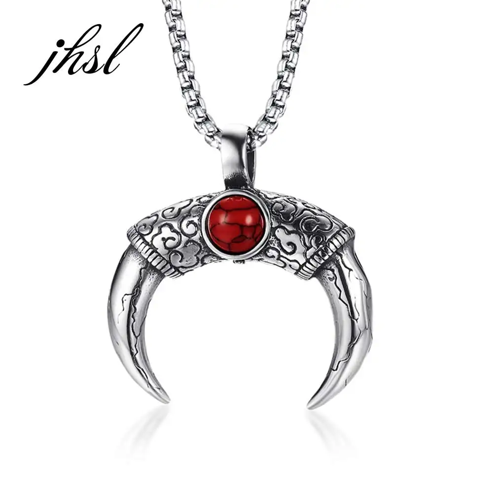 JHSL Novelty Men Statement Necklace Pendants inlay Blue Red Stone Stainless Steel Silver Color Fashion Jewelry Gift Dropship