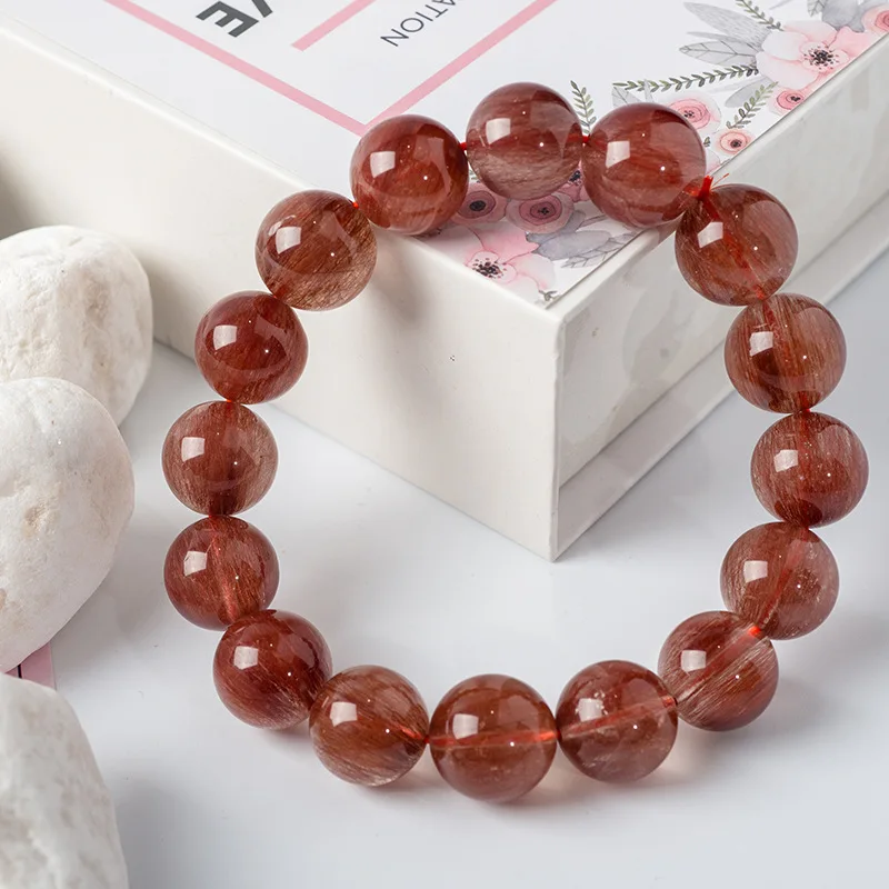 8-10mm AAA Natural Red Copper Rutilated Quartz Bracelet Smooth Round Beaded Bracelets Women Men Gem Fine Jewelry