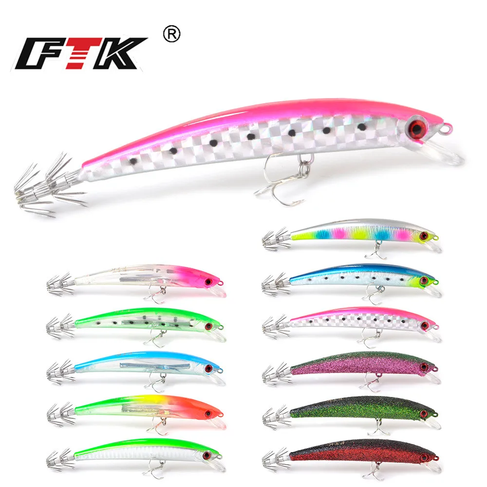 FTK Minnow Wobblers señuelo de pesca 120mm 23g anzuelo de calamar ojos 3D madera camarones mar cebo Artificial duro