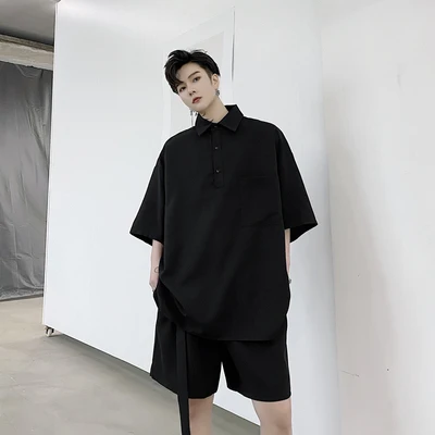 Summer oversize wide-sleeved short-sleeved pullover shirt suit hipster minimalist shirt shorts two-piece suit