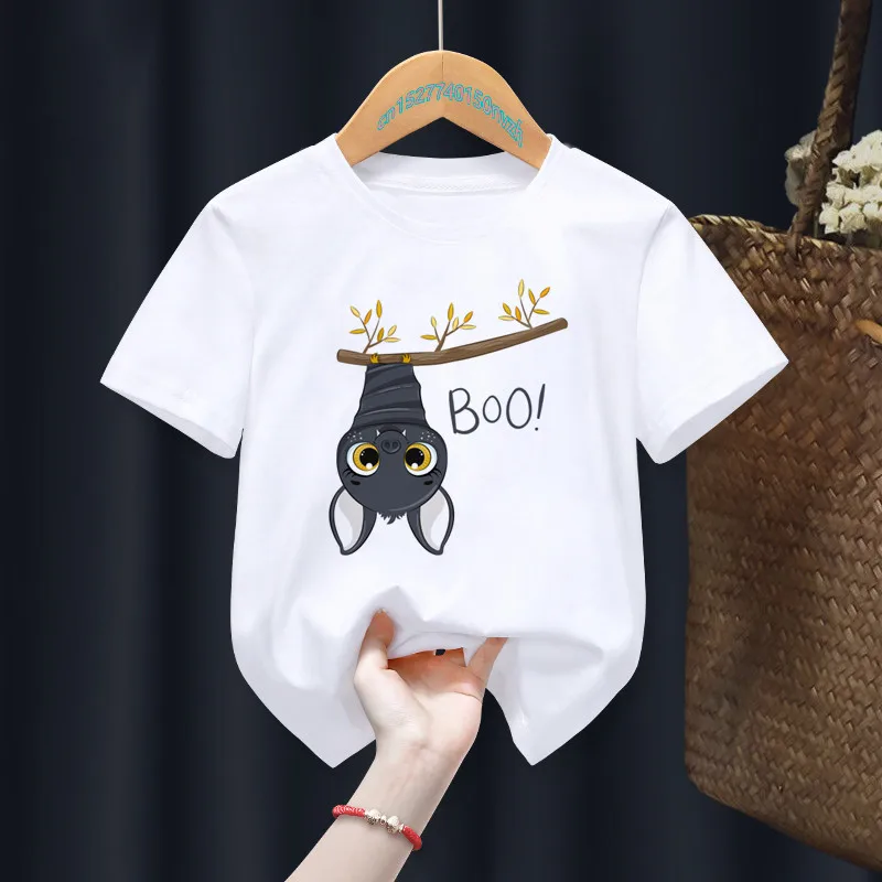 Cadılar bayramı yarasa karikatür baskı beyaz t-shirt çocuk Kawaii bebek sevimli üstleri Tee bebek kız erkek hediye elbise, damla gemi