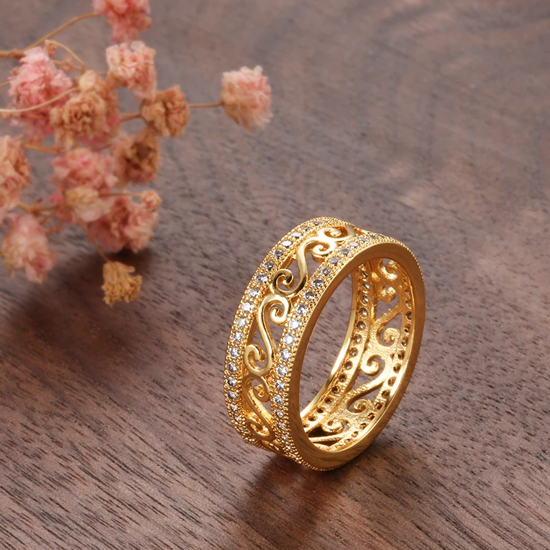 Kinel New Arrivals 18K Real Gold Ring Double Row Micro-wax Inlay Natural Zircon Hollow Rings Women Wedding Party Fine Jewelry