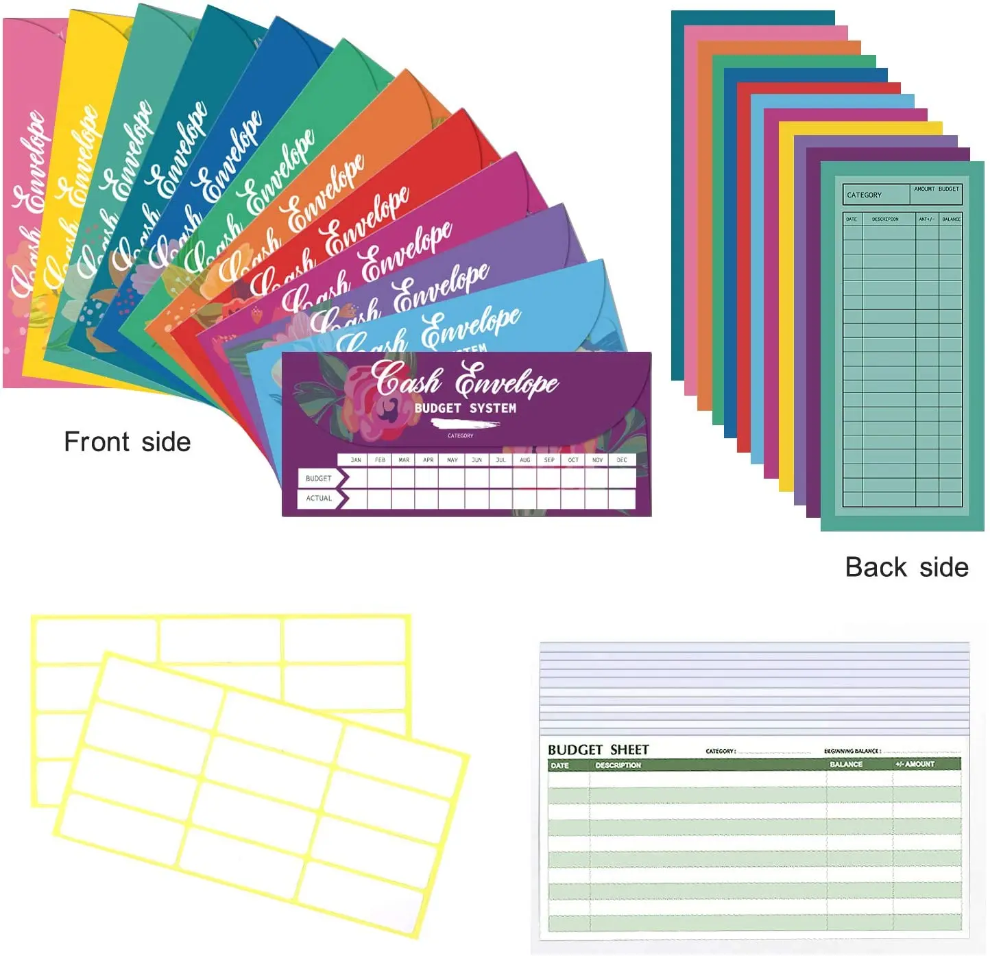 Cash Envelopes Budget System Tear & Waterproof with 12 Colors Envelopes for Money Saving,12 Expense Tracking Budget Sheets