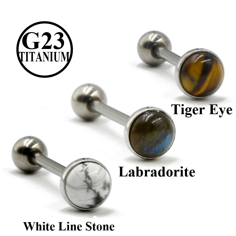 1 PCTitanium Barbell Labradorite Tiger Eye White Line Stone Tongue Barbell Ring Body Piercing Jewelry 14G