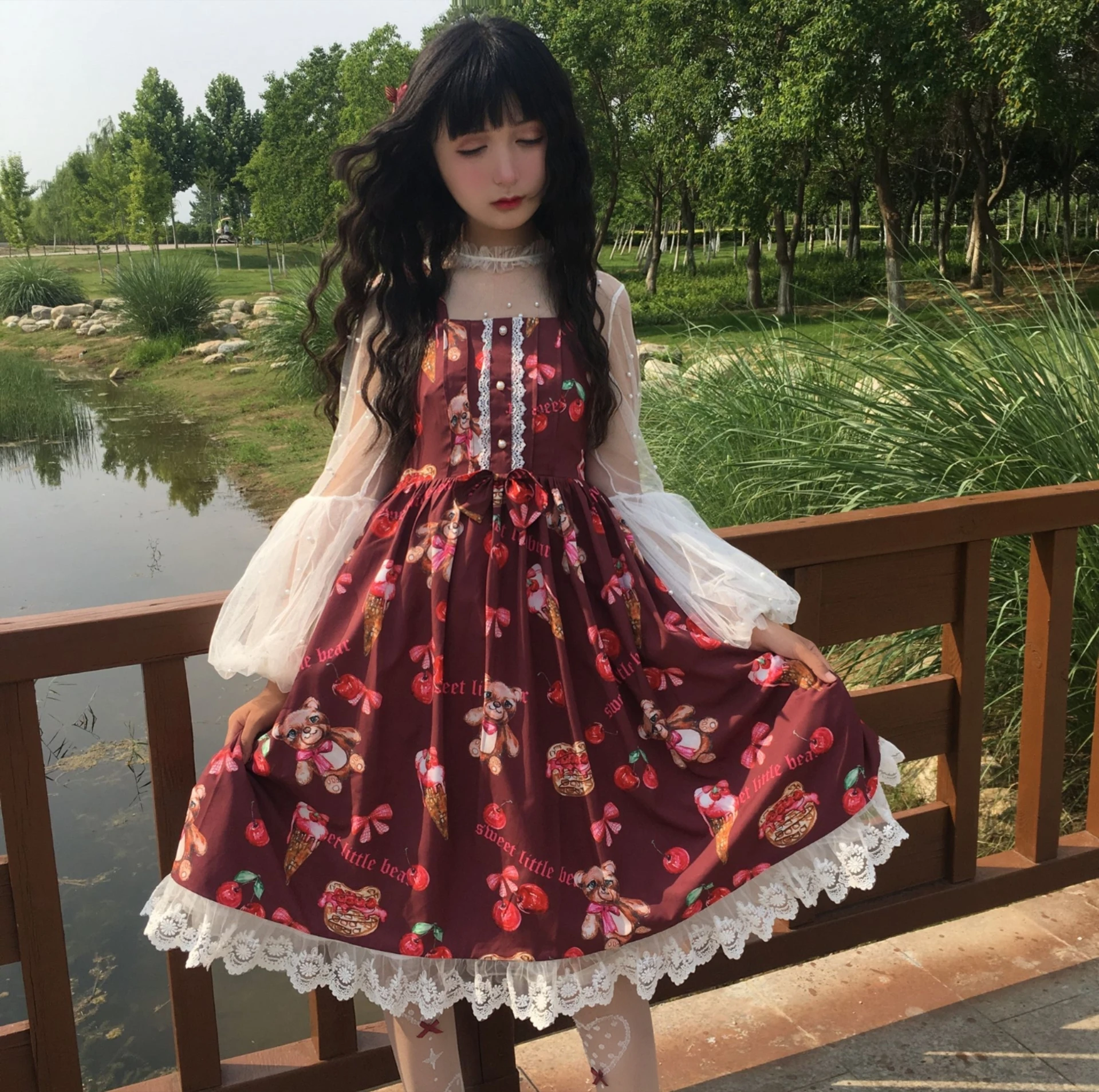 Robe princesse victorienne à bretelles pour filles, tenue lolita vintage, imprimé mignon avec nœud papillon, taille haute, gothique, cosplay