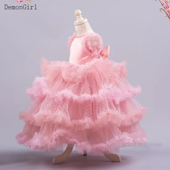 Vestidos de flores escalonadas de color rosa para niñas, vestidos de tul con lazo hinchado, vestido de baile para desfile, vestido de cumpleaños para niños, primera comunión