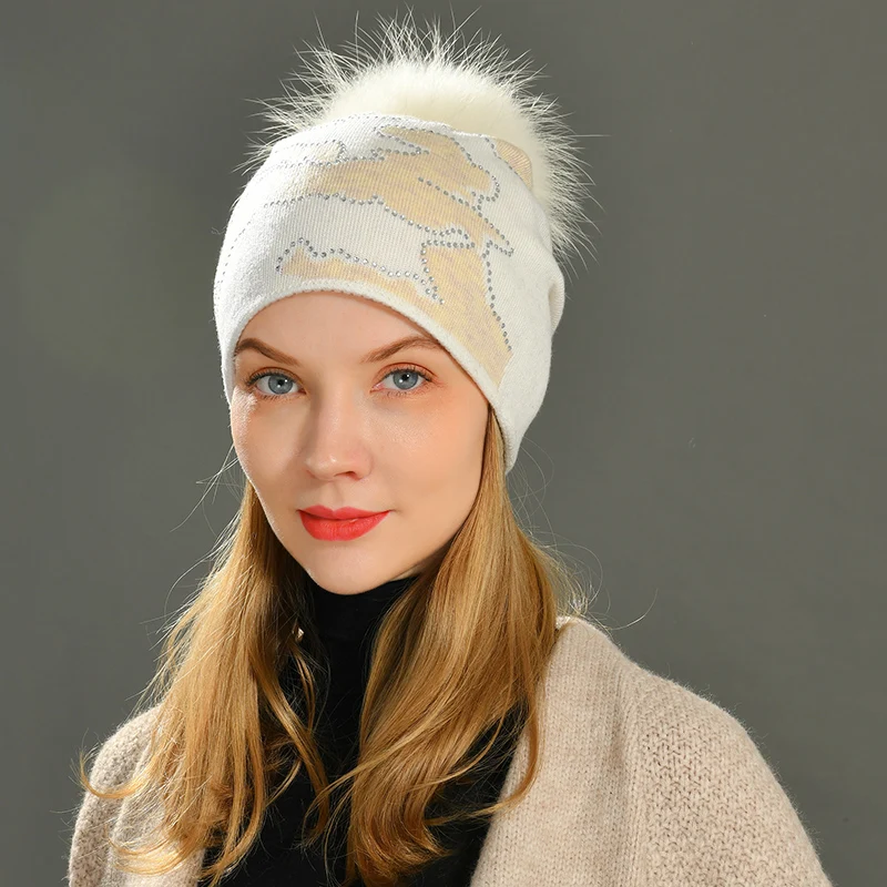 Jxwatcher Wool Beanies Hat Women Real Raccoon Fur Pom Pom Hats Girls Female Wool Knitted Beanie Warm Winter Hats with Rhinestone