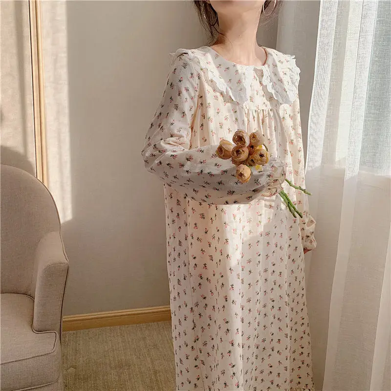 Nightgowns Women Spring Floral Students Sweet Turn Down Collar Stylish Home Soft Breathable Vintage New Arrival Aesthetic Chic