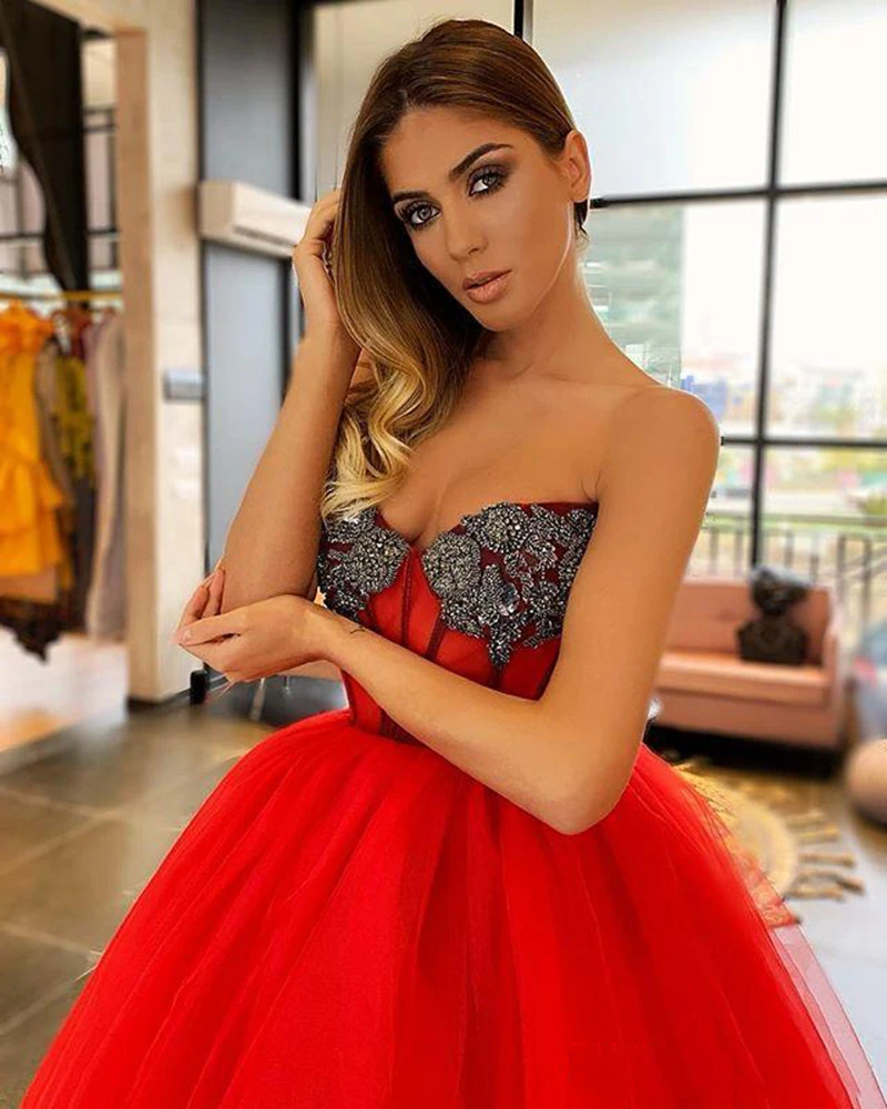 Sodigne vermelho tule vestidos de baile querida renda frisada tornozelo comprimento sexy vestidos de noite uma linha vestido de festa de casamento