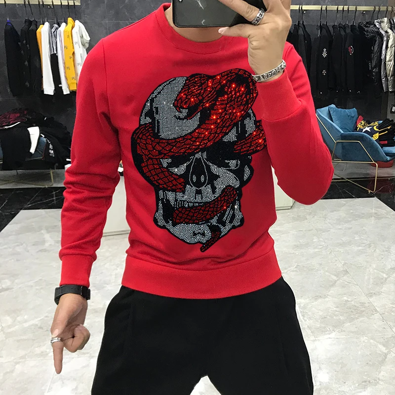 2024 New Arrival Winter Men\'s Sweatshirt Casual Fashion Long Sleeve Hot Rhinestone Warm Oversized Hoodie Top