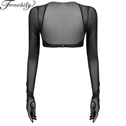 Guanti Bolero a rete trasparenti estivi da donna Top nero coprispalle protezione solare manica lunga fibbia anteriore aperta Crop Top Clubwear