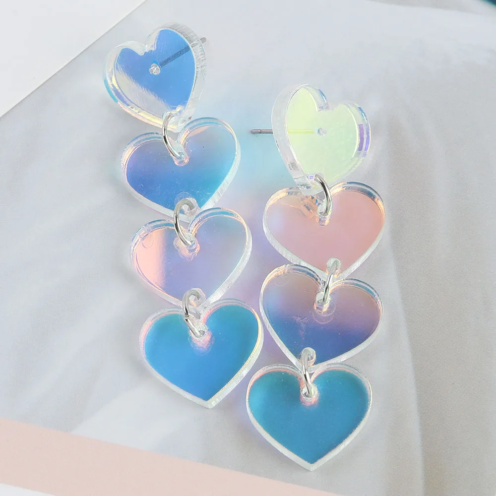 New Fashion Acrylic Laser Heart Tassel Dangle Earrings For Women Colorful Heart Earrings Punk Hip Hop Party Jewelry Gifts