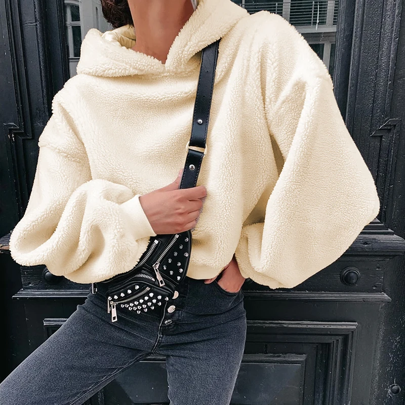 2022 New Casual Loose Raglan Long Sleeve Keep Warm Furry Hoodies Women 2022 Fall Winter Harajuku Pullovers Sweatshirt Solid Top