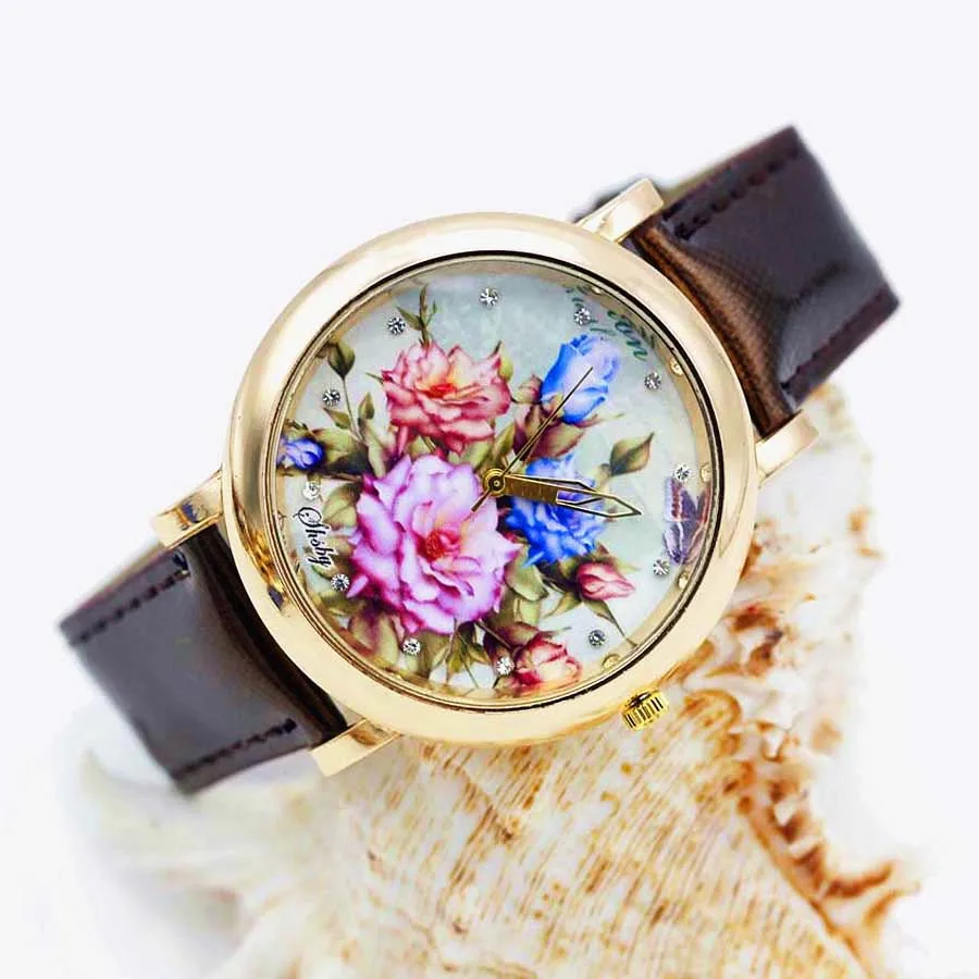 Shsby Bright Leather Strap Watches Rose Gold Women Dress Watch Girl Flower Casual Wristwatch Lady Rhinestone Quartz Watch 01