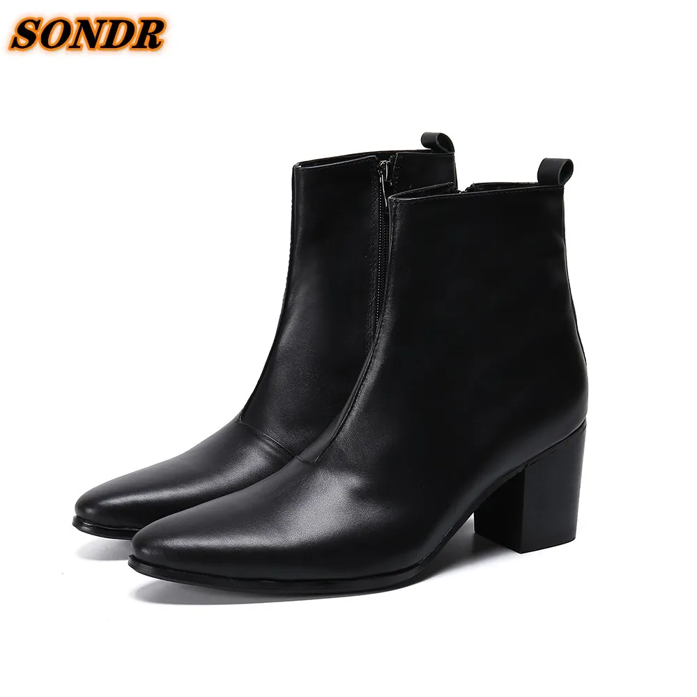 

Italian Genuine Leather Men Boots Business Zipper British High Heels Boot Men Buckle Strap Pointy Martin Boots Botines Hombre