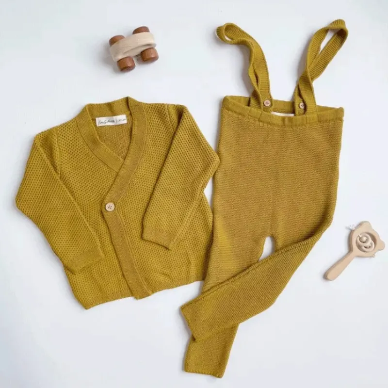 Newborn Baby Girl Boy Cotton Clothes Set Knitted Cardigan+Suspender Pant Infant Toddler Coat Spring Autumn Baby Clothes 12M-3Y