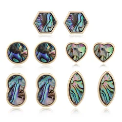 1Pair New Vintage Abalone Shell Resin Stud Earrings For Women Bohemia Gold Color Geometric Round Hexagon Heart Ear Stud Jewelry