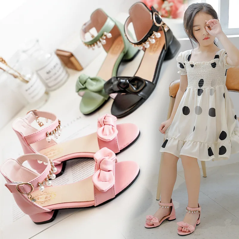 Kids Princess Heels Leather Shoes For Girls Beach Shoes Fashion Bow Crystal Bead Children Summer Sandal 3 5 6 7 8 10 11 12 Years