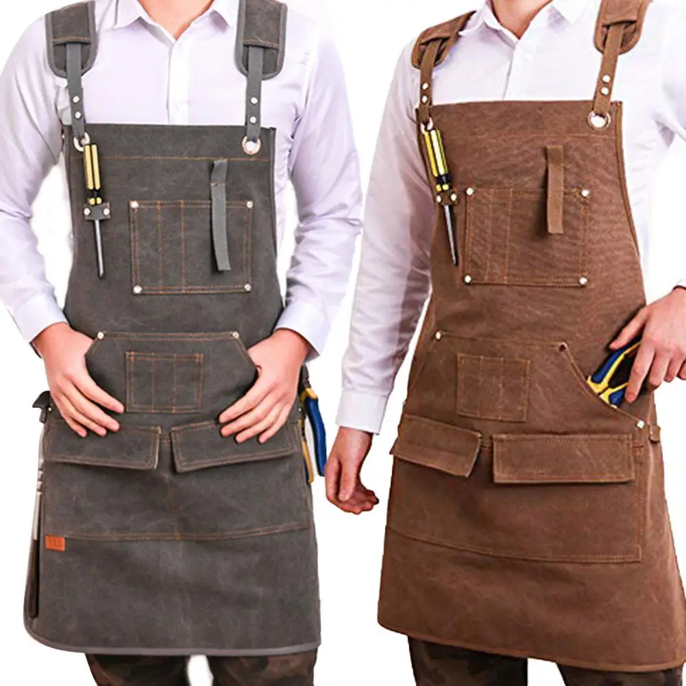 Tool Apron Men Women Adjustable Waxed Canvas Apron Heavy Duty Utility Apron with Pockets for Woodwork Room Craft Workshop