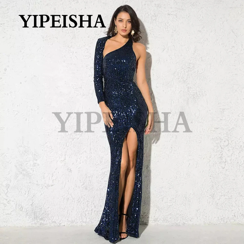 

One-Shoulder Front High Split Formal Evening Dresses Backless Sweep Train Sequined Clubbing Party Gown robes de soirée vestidos