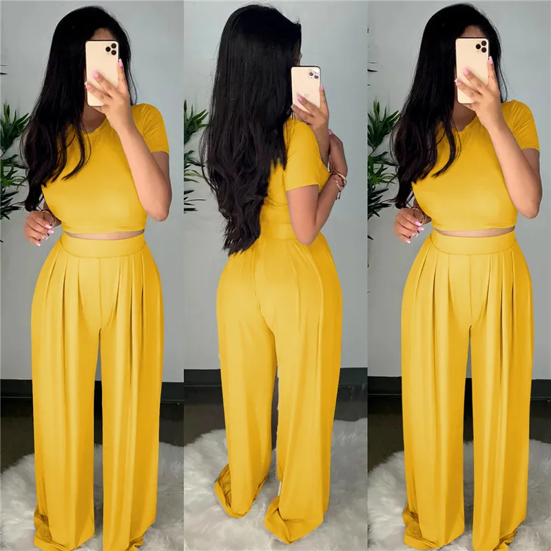 Wholesale Dropshpping High Quality New Women Two-piece Sets Solid Color Tight Casual Sets Tight Top + Wide Leg Pants Elasticity