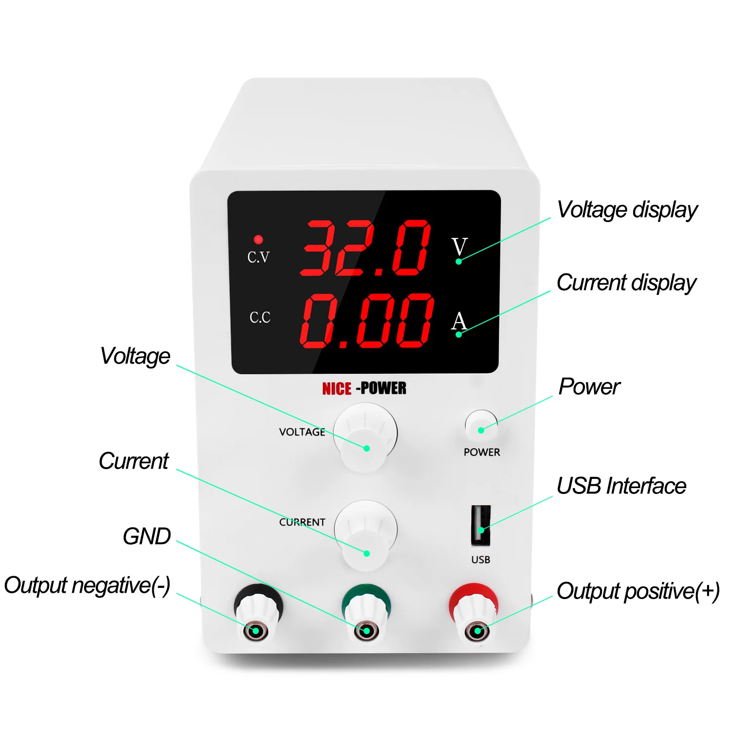 Nice-power LAB Digital Bench Regulated Switching DC Power Supply 30V 10A 5A USB Adjustable Laboratory Power Source Regulator