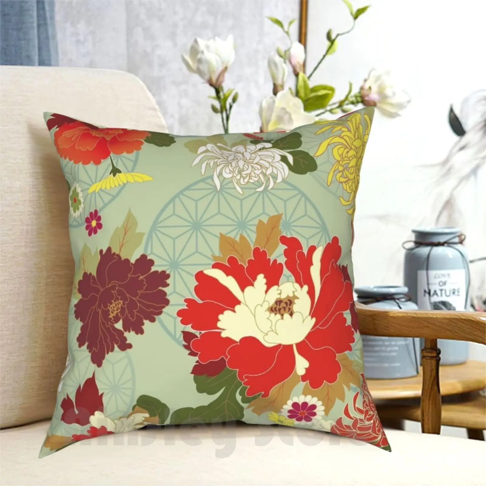 Peony 2 Pillow Case Printed Home Soft DIY Pillow cover Peony Chrysanthemum Flowers Floral Blooming Japanese Style Japan