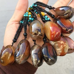 1Pc Natural Polished Agate Palm Stone Pendant Exquisitely Wrapped Sardonyx Necklace Sweater Chain