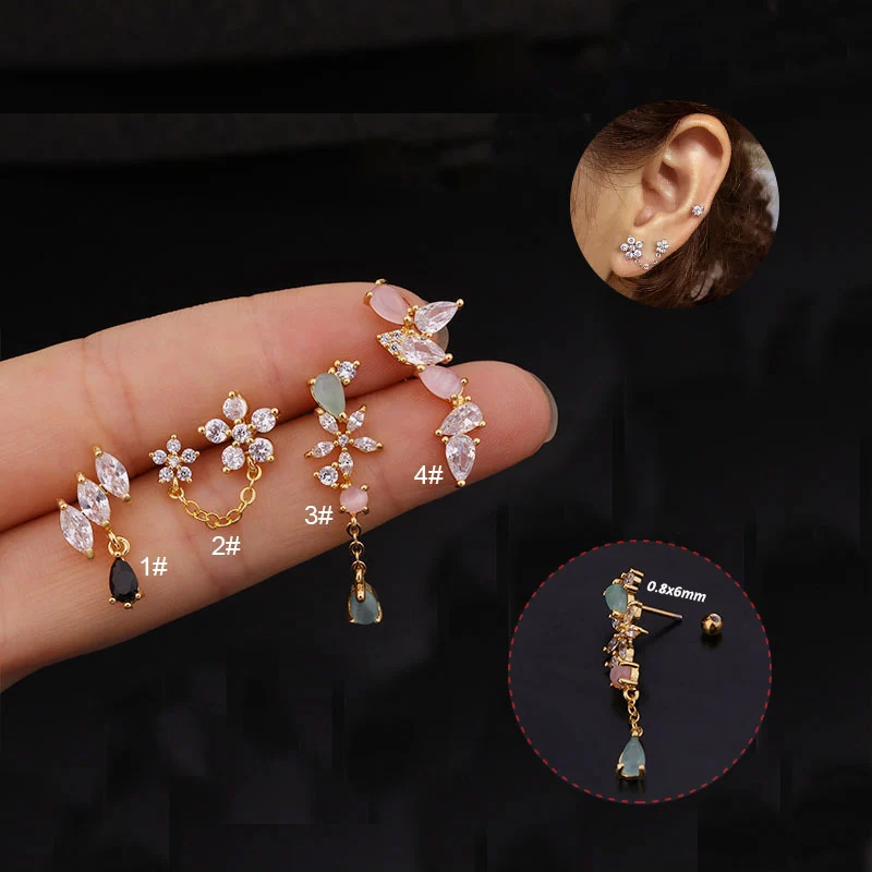 20G Stainless Steel Cubic Zirconia Long Tassel Piercing Tiny Ear Daith Tragus Cartilage Piercing Jewelry Stud Earring Jewelry