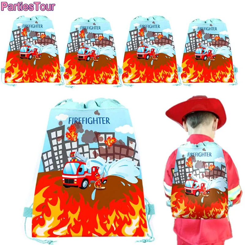 Firetruck Birthday Party Decor Snack Candy Bags Firefighter Drawstring Backpack Fire Party Favor Bags Fireman Theme Supplies