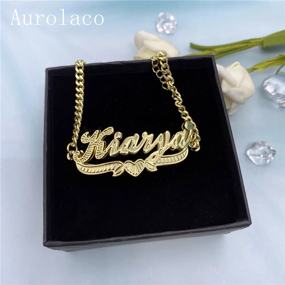 Imagem -03 - Aurolaco Nome Personalizado Conjunto de Jóias Colar Nome Personalizado Pulseira de Ouro 3d Duplo Nameplated Colar para Presentes Femininos