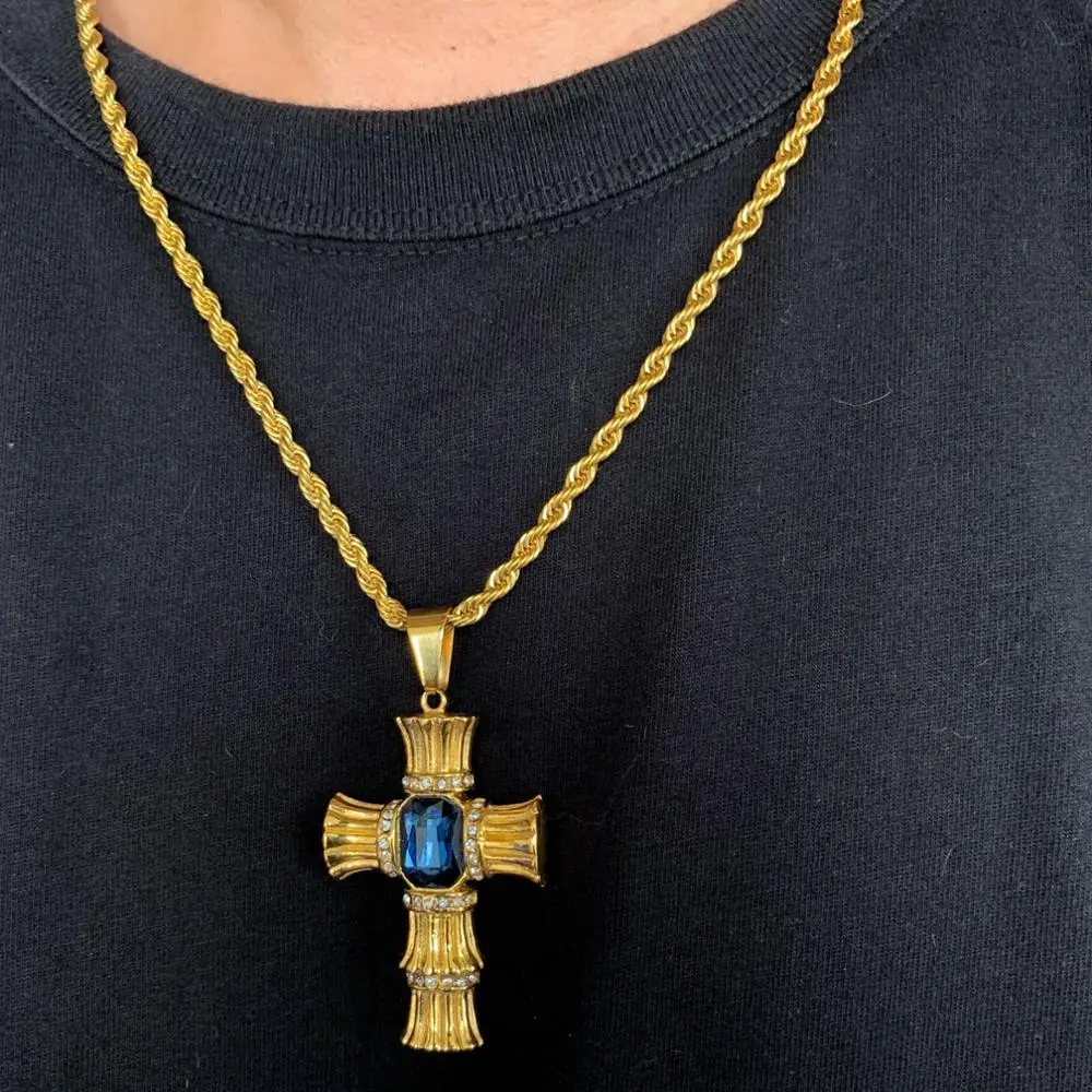 Hip Hop Paved Rhinestones Big Blue Stone Stainless Steel Cross Pendants Necklaces for Men Rapper Jewelry Gifts Drop Shipping