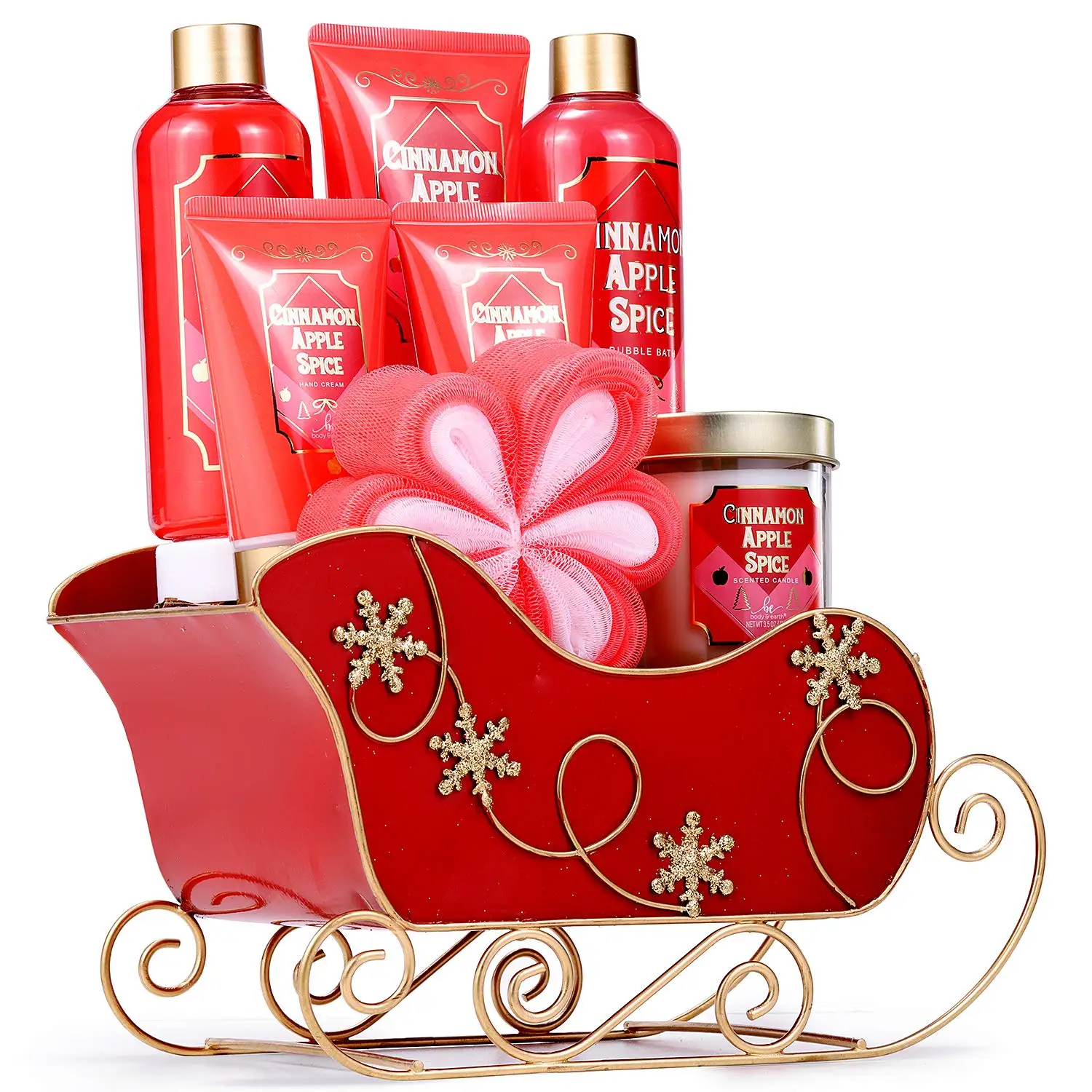 8pcs Women Bath Set, Cinnamon Apple Spice Spa Gift Basket with Hand Cream, Bath Puff, Scented Candle