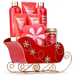 8pcs Women Bath Set, Cinnamon Apple Spice Spa Gift Basket with Hand Cream, Bath Puff, Scented Candle