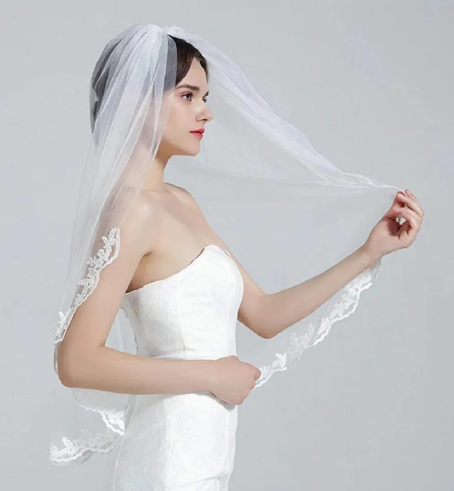 Bridal Veil White Ivory with Comb One Layer Lace Edge Fingertip Length 36" wedding veils Wedding accessories Bride Veu