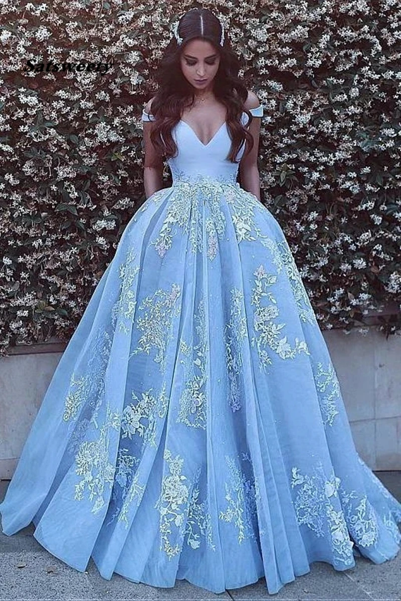 Vestido de baile con hombros descubiertos para quinceañera, traje Formal con apliques de encaje, color azul, 2024