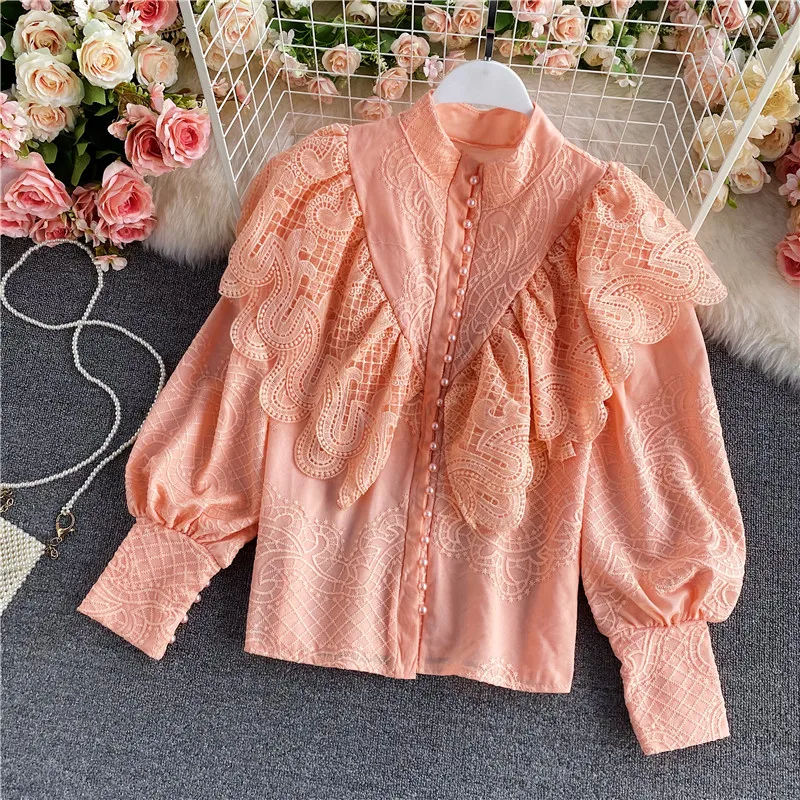 Special Offer Spring Autumn Women Blouse High Quality Vintage Court Style Stand Collar Lantern Sleeve Ruffles Lace Shirt