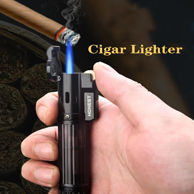 Encendedor de Gas butano transparente para hombres, tanque de combustible a prueba de viento, encendedor de cigarros de llama azul, accesorios de cigarrillos, regalo