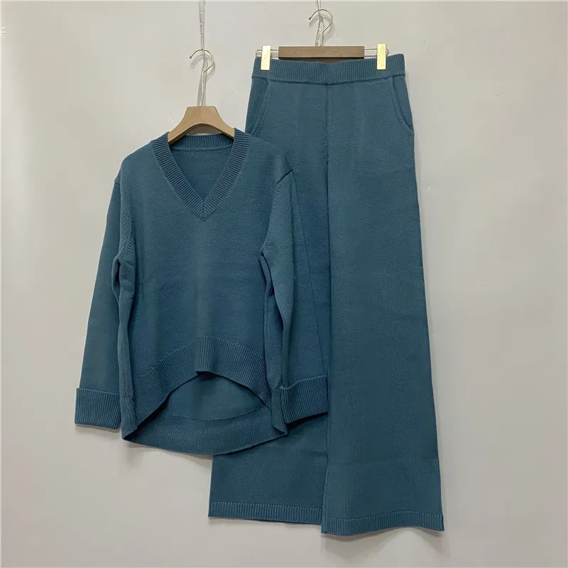 Conjunto de dos piezas de lujo para mujer, 45% Cachemira + 30% Lana, Tops de punto de visón cálido y pantalones de lana de pierna ancha, F2533