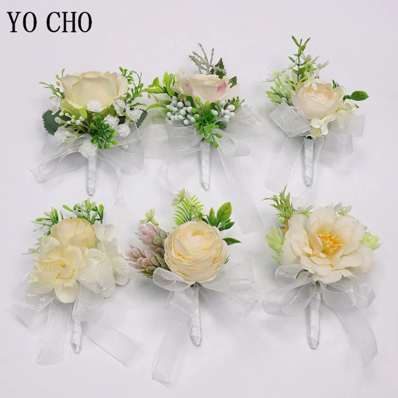 YO CHO Rosa Di Seta di Nozze Corpetti e Boutonnieres Groomsmen Boutonniere di Asola Uomo Da Sposa Matrimonio Corpetto Fiore Braccialetto