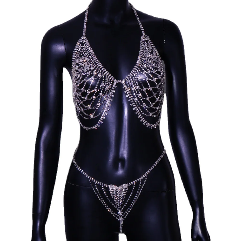 Catena per il corpo sexy Bikini in cristallo Perizoma a tre punti Perizoma a tre punti Catena per reggiseno Abito da spiaggia Catena per il petto Biyaтуkolя Catena per la vita