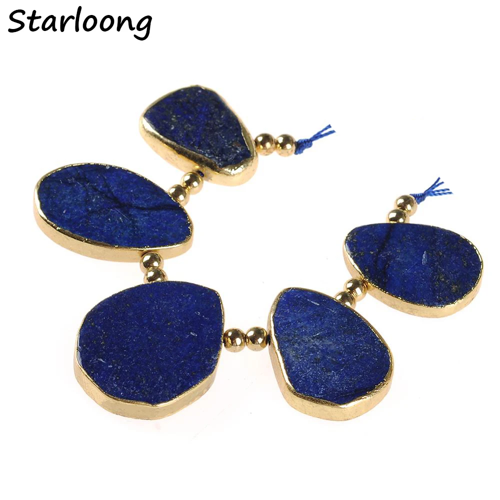 

Natural Raw Gem Stone Geode Waterdrop Shape Lapis Lazuli Slab Slice Gold Edged Loose Strand Nugget Beads for DIY Jewelry Making