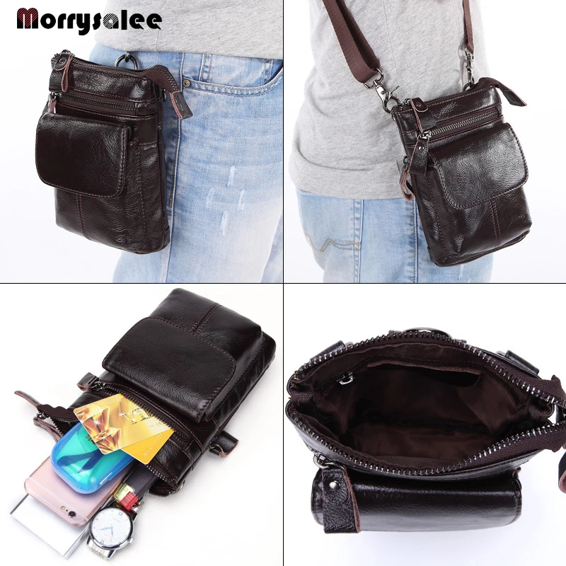 Men's Waist Bag Leather Belted Mobile Phone Bag Waist Packs Three-dimensional Bags Genuine Leather Cow Leather Pillow Fashion