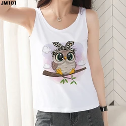 2021 Summer Top Women Sleeveless Tank Top White Round Neck Woman Regular Fit Wear Harajuku Cute Owl Printed T-shirt Camisole Tee