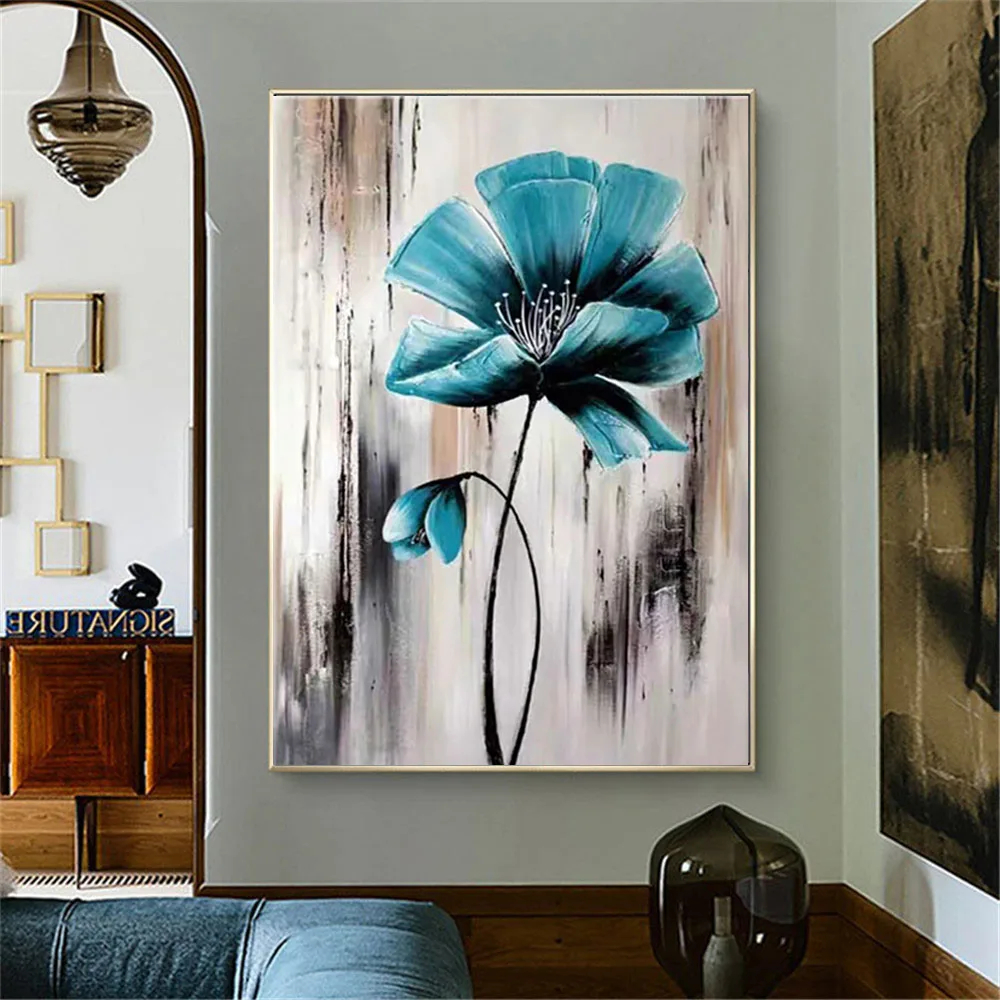 

Modern abstract home decor wall art hand-painted oil painting blue flower canvas painting art knife painting in room porch mural