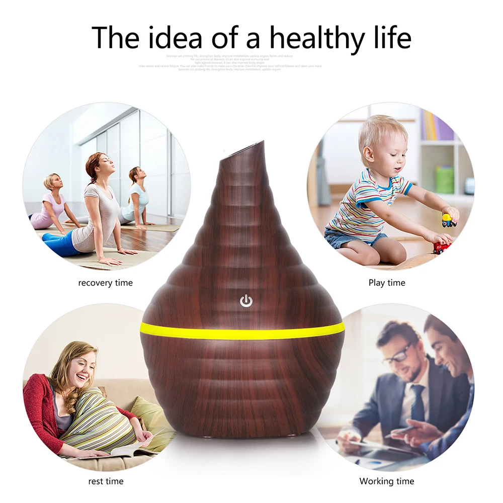 空気加湿器 USB ミニアロマディフューザーエッセンシャルオイルアロマセラピー 300 ミリリットル木目フィルター変色ライト家庭用車