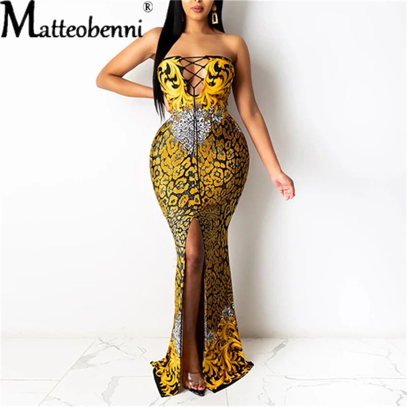 

2021 Women Tube Top Backless Printed Criss-Cross Bandage Female Maxi Dress Ladies Summer Hem Split Side Long Dress Women Bodycon