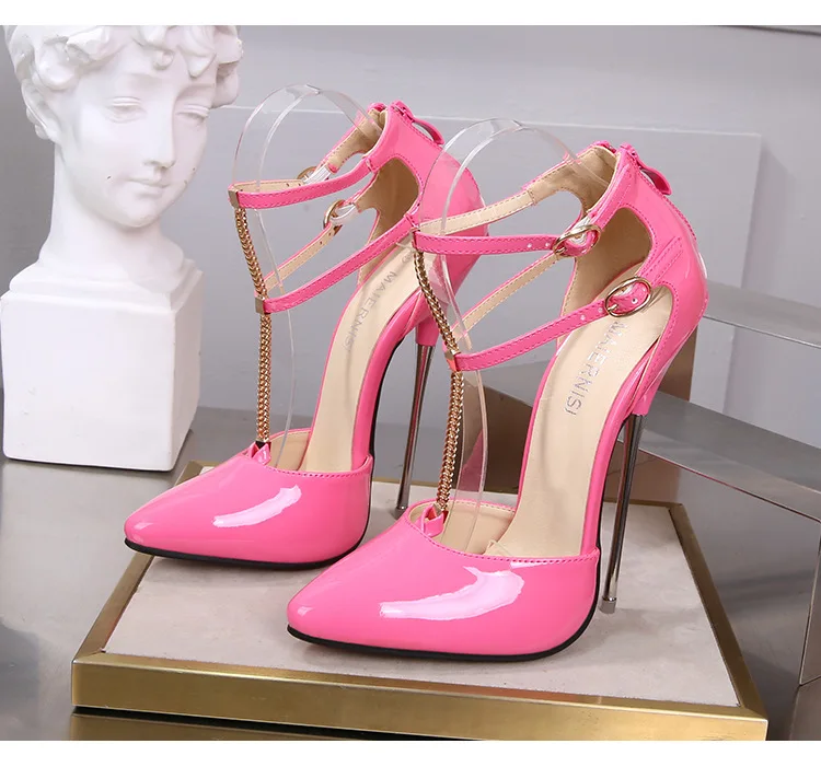 Crossdresser shoes zapatos mujer 16cm thin heels Sandals women wedding Pumps Bridal Buckle Patent Leather Stiletto Drop shipping
