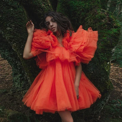 

Charming Orange Short Tulle Dresses Women Extra Puffy A Line Ruffled Custom Made Teffeta Christmas Tulle Party Dressing Gowns